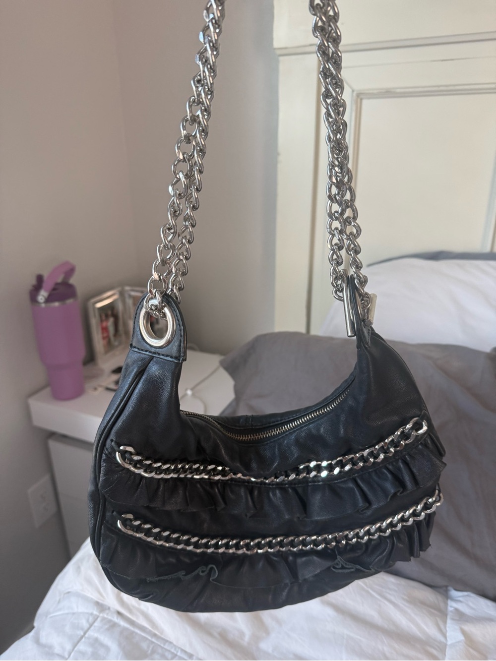 Betsey Johnson Black Shoulder Bag with Silver Chain & Ruffle Trim